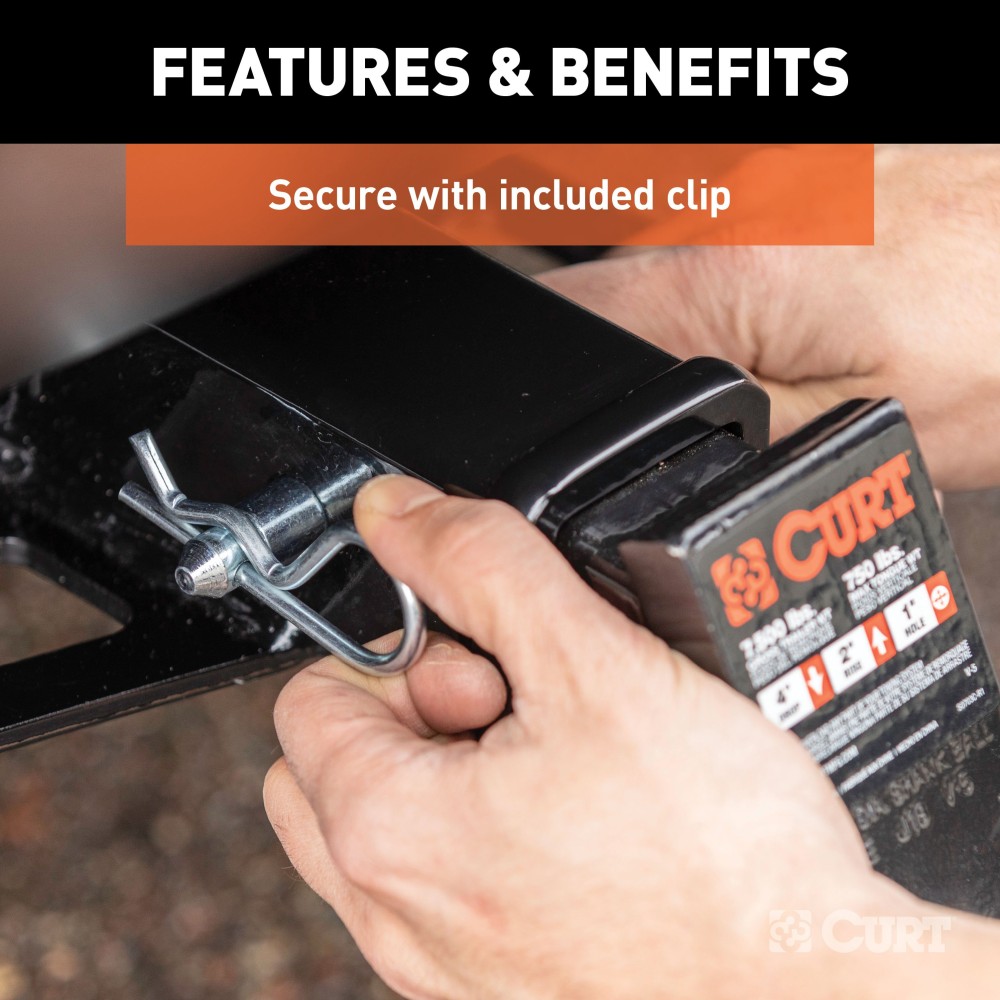 CURT 5/8 Inch Hitch Pin with Zinc Finish and Retainer Clip CURT 5/8 inch hitch pin with zinc finish, featuring a bent handle and retainer clip, ideal for 2 inch receiver tubes.