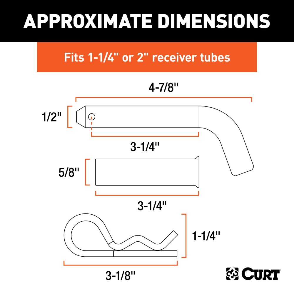 CURT 1/2 inch hitch pin with zinc finish, fits 1-1/4" or 2" shanks, secure towing