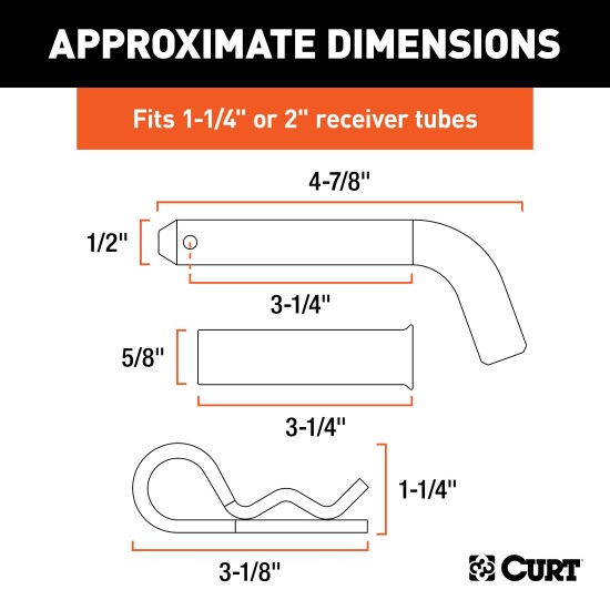 CURT 1/2 Inch Hitch Pin with Adapter Sleeve and Zinc Finish CURT 1/2 inch hitch pin with zinc finish, fits 1-1/4" or 2" shanks, secure towing