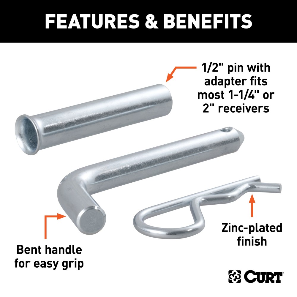 CURT 1/2 inch hitch pin with zinc finish, fits 1-1/4" or 2" shanks, secure towing