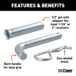 CURT 1/2 inch hitch pin with zinc finish, fits 1-1/4" or 2" shanks, secure towing