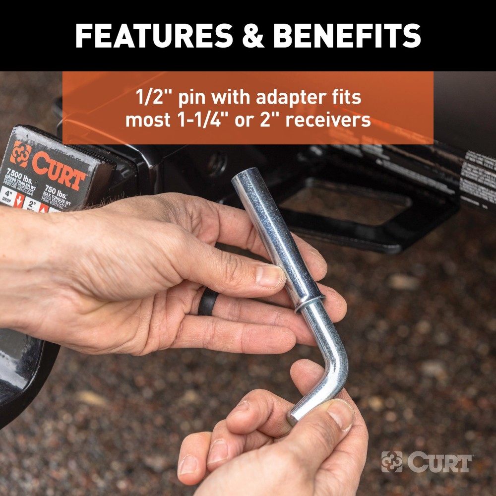CURT 1/2 inch hitch pin with zinc finish, fits 1-1/4" or 2" shanks, secure towing