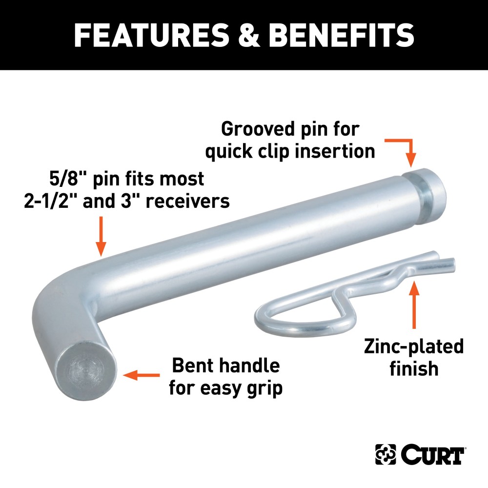 CURT 5/8 Inch Heavy-Duty Hitch Pin with Clip for 3 Inch Receivers CURT 5/8 inch hitch pin with zinc finish for 3 inch receivers and clip