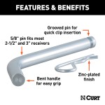 CURT 5/8 Inch Heavy-Duty Hitch Pin with Clip for 3 Inch Receivers CURT 5/8 inch hitch pin with zinc finish for 3 inch receivers and clip