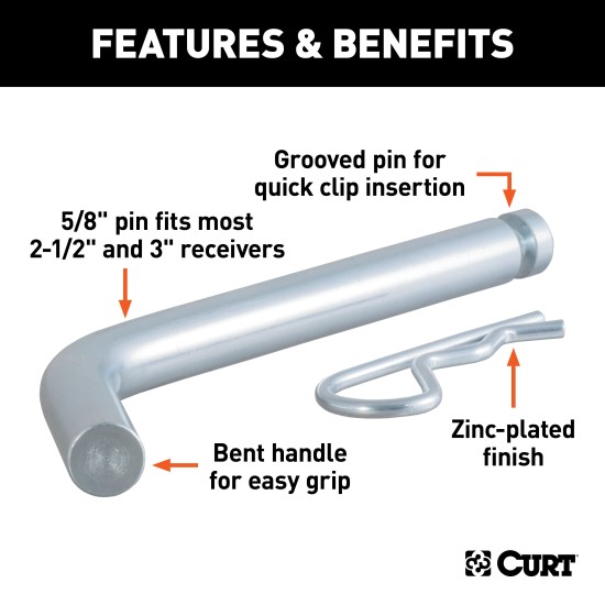 CURT 5/8 Inch Heavy-Duty Hitch Pin with Clip for 3 Inch Receivers CURT 5/8 inch hitch pin with zinc finish for 3 inch receivers and clip