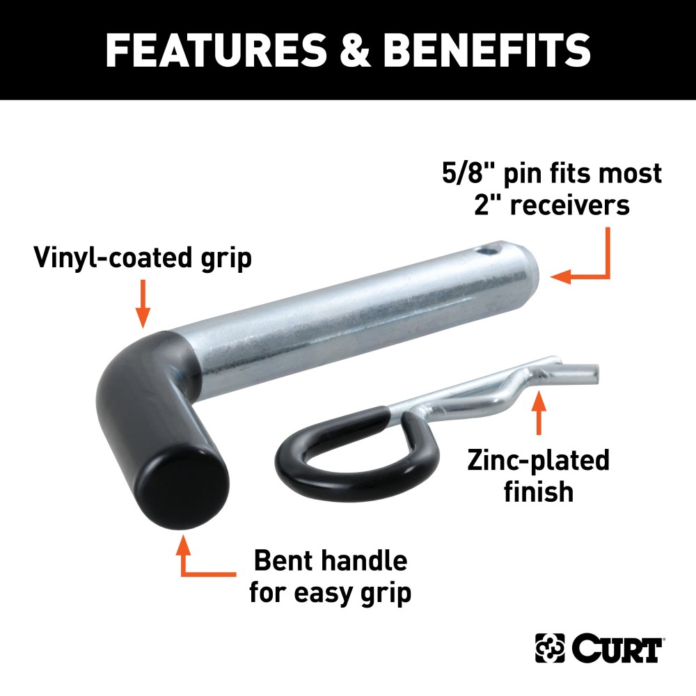 CURT 5/8 Inch Hitch Pin with Zinc Finish and Clip CURT 5/8 inch hitch pin with zinc finish, clip, and vinyl-coated handle