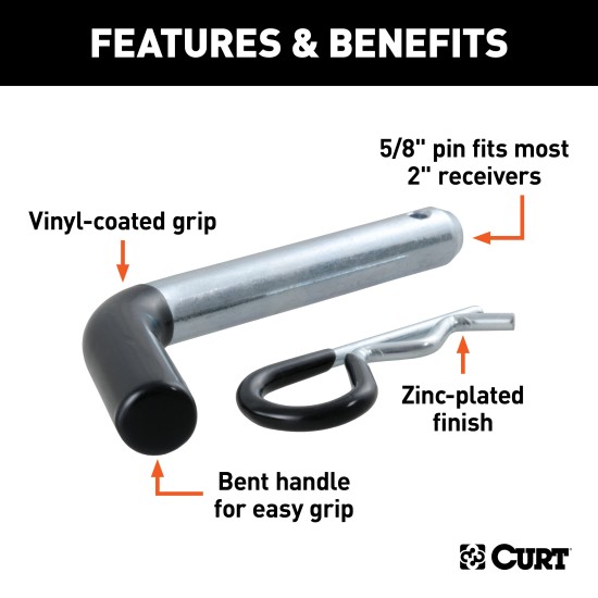 CURT 5/8 Inch Hitch Pin with Zinc Finish and Clip CURT 5/8 inch hitch pin with zinc finish, clip, and vinyl-coated handle