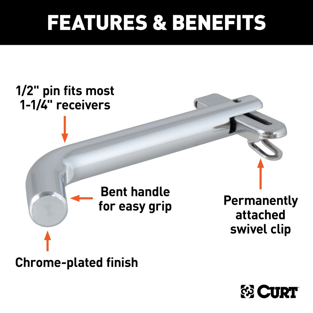 CURT 1/2 Inch Hitch Pin with Swivel Retainer for Safe Towing CURT 1/2 inch hitch pin made of solid steel with a zinc finish and swivel-type retainer.