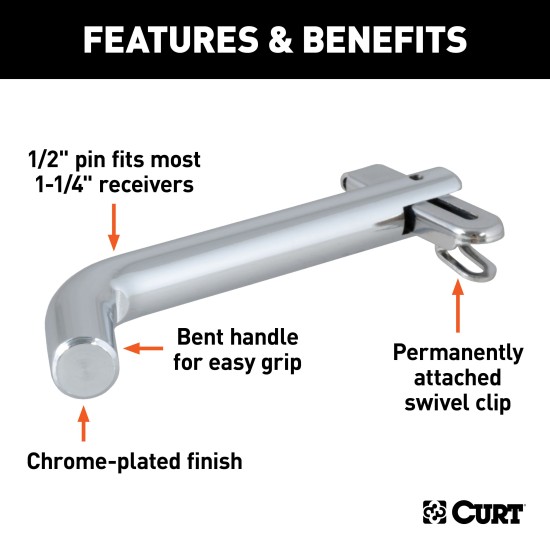 CURT 1/2 Inch Hitch Pin with Swivel Retainer for Safe Towing CURT 1/2 inch hitch pin made of solid steel with a zinc finish and swivel-type retainer.