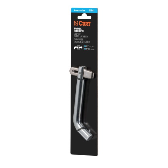 CURT 1/2 Inch Hitch Pin with Swivel Retainer for Safe Towing CURT 1/2 inch hitch pin made of solid steel with a zinc finish and swivel-type retainer.