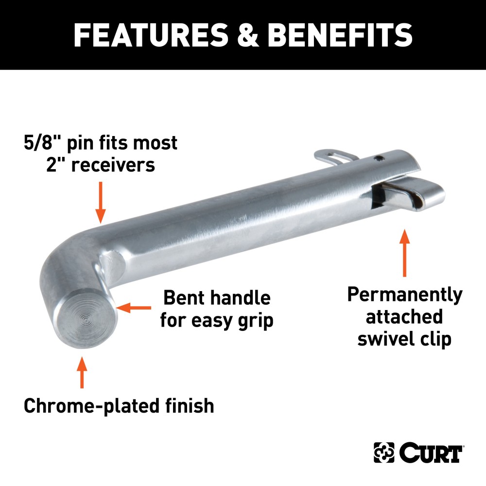 CURT 5/8" Hitch Pin with Swivel Retainer and Zinc Finish CURT 5/8 inch hitch pin featuring a zinc finish and swivel retainer for secure, rust-resistant heavy-duty towing.