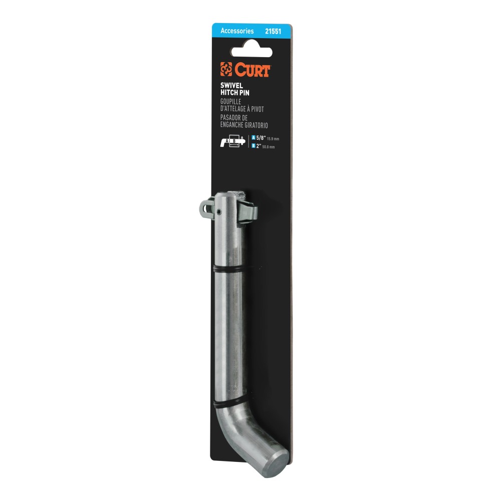CURT 5/8" Hitch Pin with Swivel Retainer and Zinc Finish CURT 5/8 inch hitch pin featuring a zinc finish and swivel retainer for secure, rust-resistant heavy-duty towing.