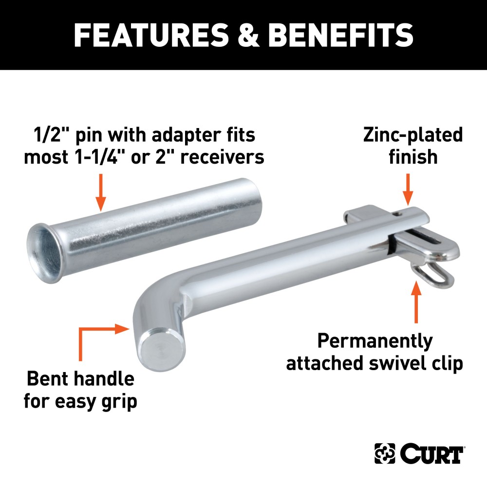CURT 1/2 inch swivel hitch pin with zinc finish and adapter for secure towing.