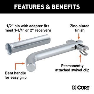 CURT 1/2 Inch Swivel Hitch Pin with Adapter and Zinc Finish CURT 1/2 inch swivel hitch pin with zinc finish and adapter for secure towing.