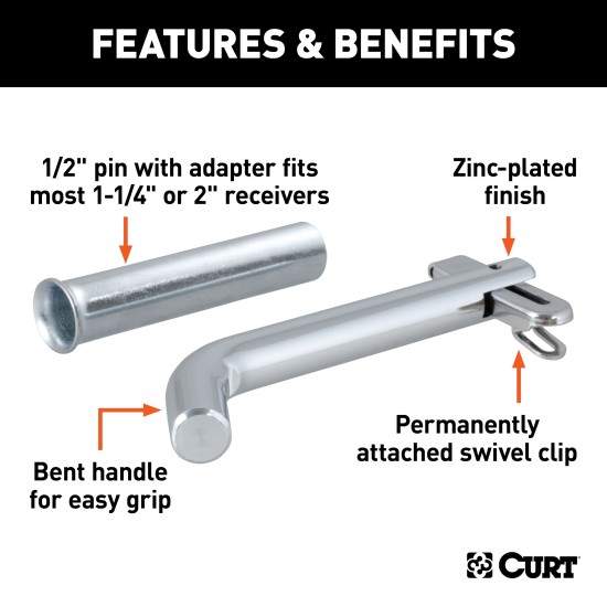 CURT 1/2 Inch Swivel Hitch Pin with Adapter and Zinc Finish CURT 1/2 inch swivel hitch pin with zinc finish and adapter for secure towing.