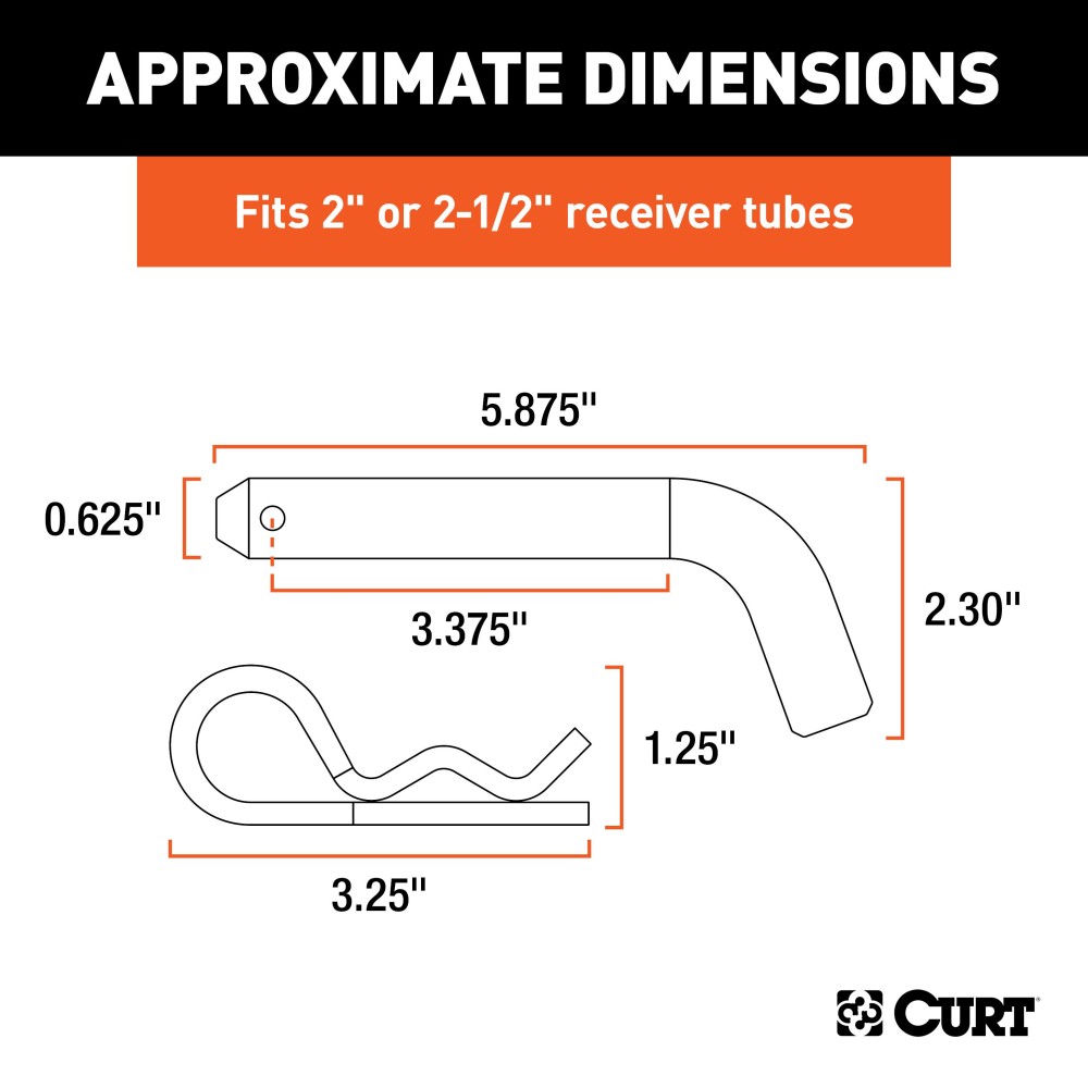 CURT 5/8 Inch Hitch Pins and Clips for Trailer Hitches CURT 5/8 inch hitch pin with zinc finish, designed for secure trailer hitching