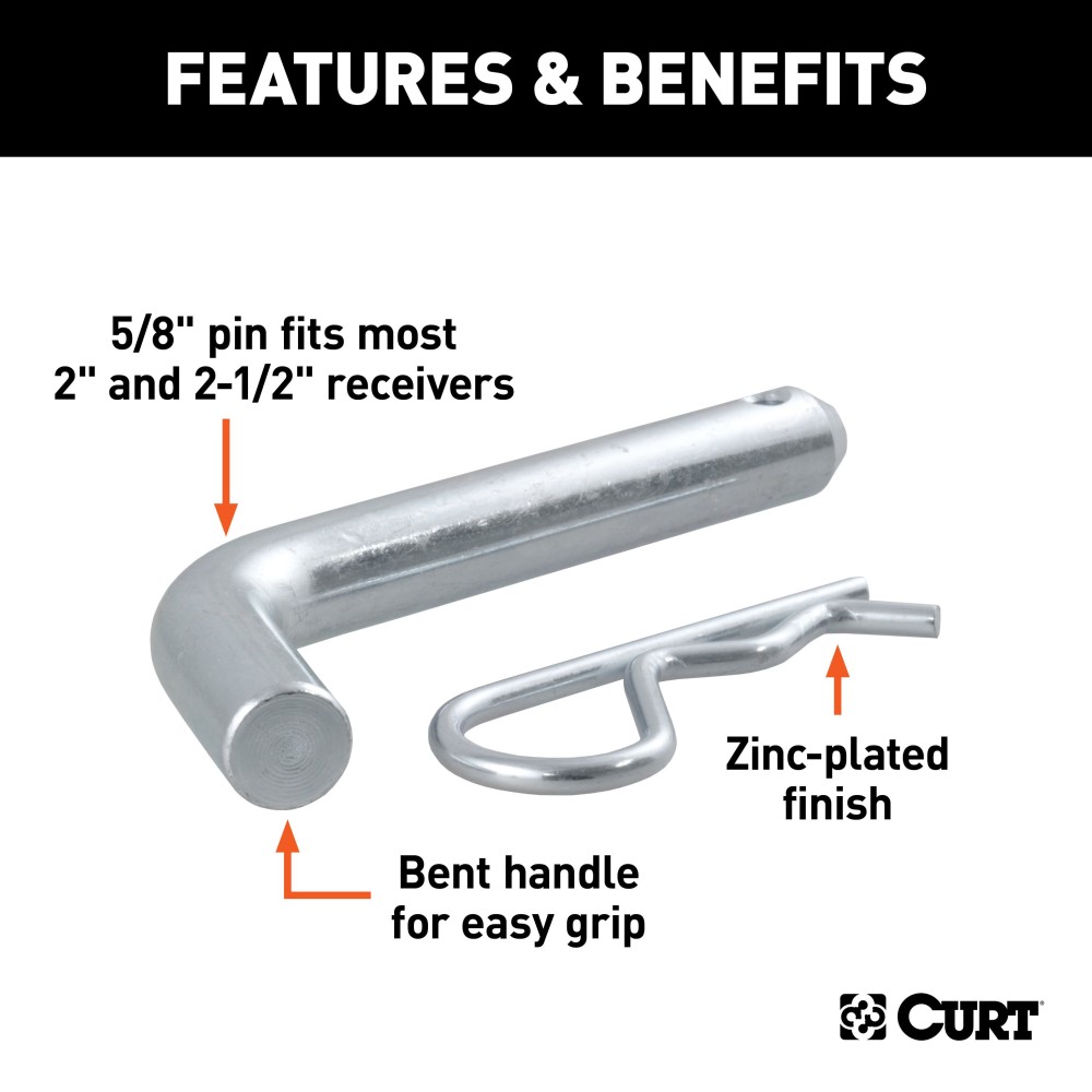 CURT 5/8 Inch Hitch Pins and Clips for Trailer Hitches CURT 5/8 inch hitch pin with zinc finish, designed for secure trailer hitching