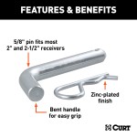 CURT 5/8 Inch Hitch Pins and Clips for Trailer Hitches CURT 5/8 inch hitch pin with zinc finish, designed for secure trailer hitching
