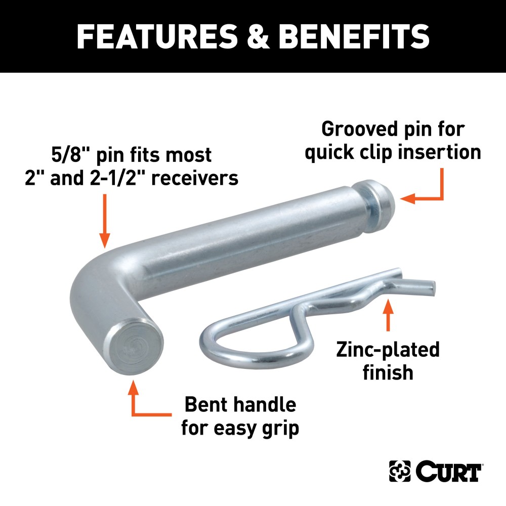 CURT 5/8 Inch Zinc Finish Hitch Pin with Clip for Towing CURT 5/8 inch hitch pin with zinc finish and clip for secure towing