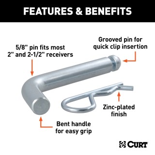 CURT 5/8 Inch Zinc Finish Hitch Pin with Clip for Towing CURT 5/8 inch hitch pin with zinc finish and clip for secure towing