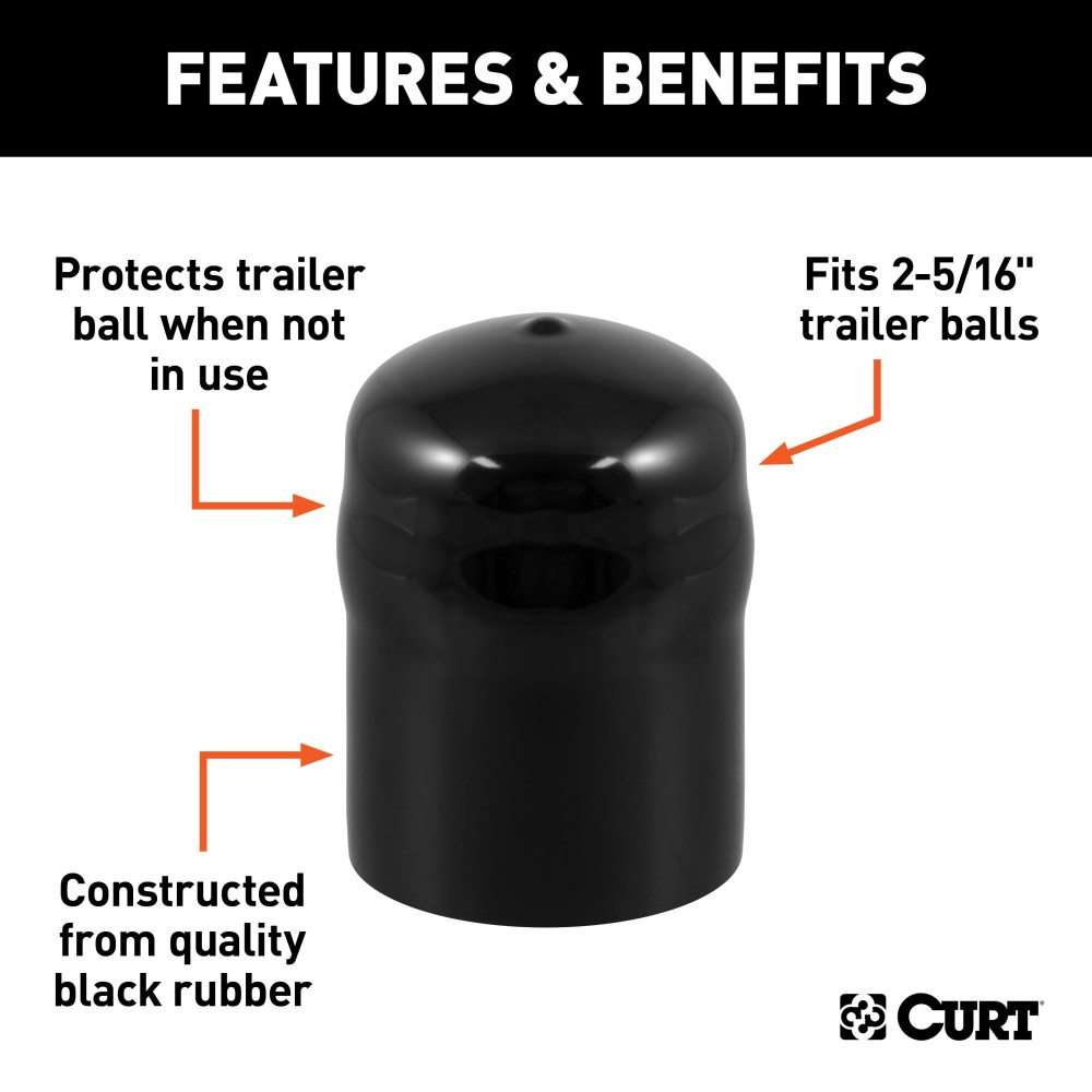 CURT Rubber Trailer Ball Cover for 2-5/16 Inch Balls Black rubber trailer ball cover by CURT fitting 2-5/16 inch diameter trailer balls.