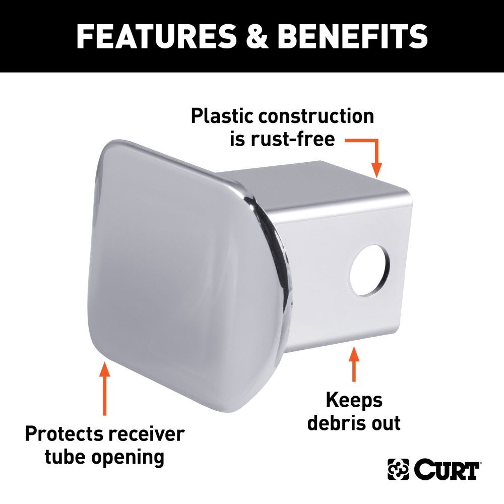 CURT 2x2 Inch Chrome Trailer Hitch Receiver Tube Cover CURT 2x2 inch receiver tube cover with chrome finish to protect hitch from debris and rust.