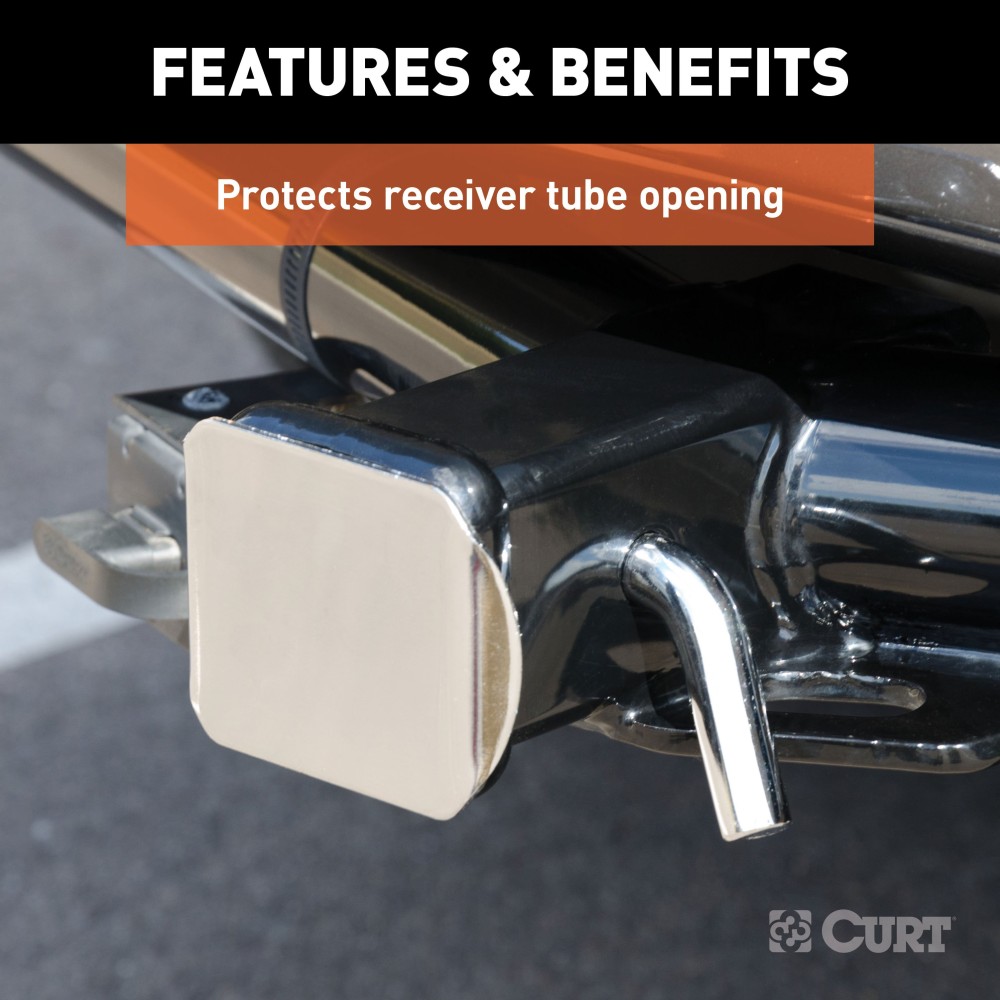 CURT 2x2 Inch Chrome Trailer Hitch Receiver Tube Cover CURT 2x2 inch receiver tube cover with chrome finish to protect hitch from debris and rust.