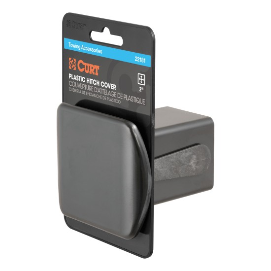 CURT 2x2 Black Plastic Receiver Tube Hitch Cover CURT 2 by 2 inch black plastic receiver tube cover protecting a trailer hitch