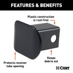 CURT 2x2 Black Plastic Receiver Tube Hitch Cover CURT 2 by 2 inch black plastic receiver tube cover protecting a trailer hitch