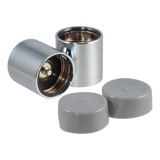 CURT Trailer Wheel Bearing Protectors with Dust Covers, 1.98 Inch CURT wheel bearing protectors with plastic dust covers for trailer wheels, 1.98 inch diameter, providing lubrication and protection from dirt.
