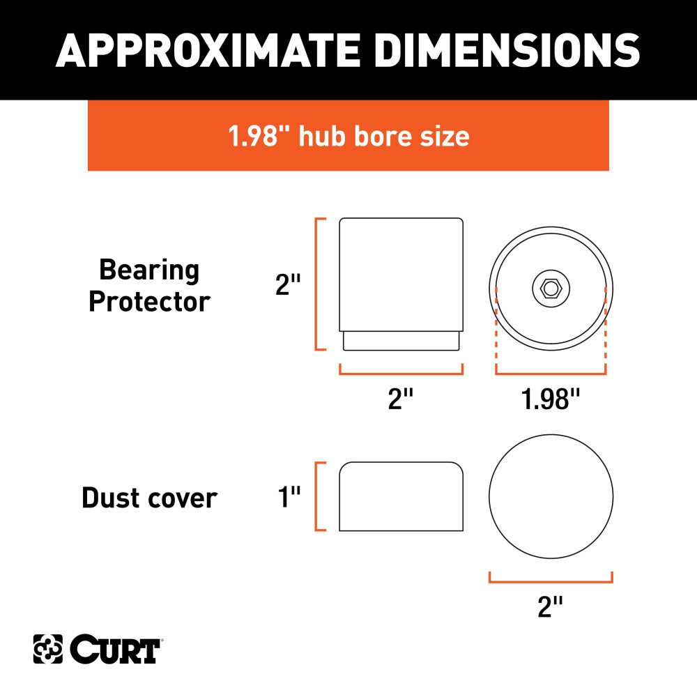 CURT Trailer Wheel Bearing Protectors with Dust Covers, 1.98 Inch CURT wheel bearing protectors with plastic dust covers for trailer wheels, 1.98 inch diameter, providing lubrication and protection from dirt.