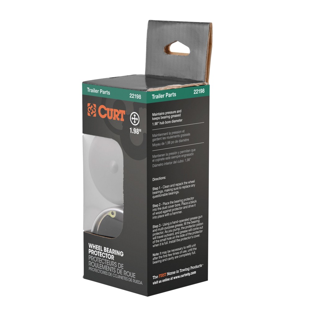 CURT Trailer Wheel Bearing Protectors with Dust Covers, 1.98 Inch CURT wheel bearing protectors with plastic dust covers for trailer wheels, 1.98 inch diameter, providing lubrication and protection from dirt.