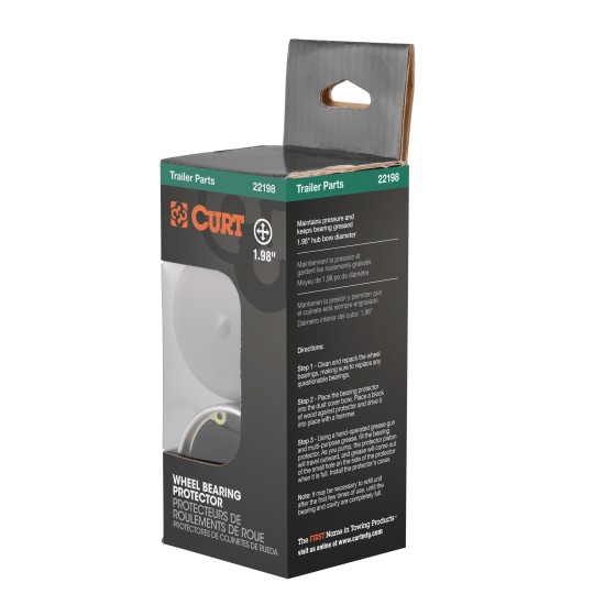 CURT Trailer Wheel Bearing Protectors with Dust Covers, 1.98 Inch CURT wheel bearing protectors with plastic dust covers for trailer wheels, 1.98 inch diameter, providing lubrication and protection from dirt.