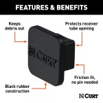 CURT 1-1/4 Inch Rubber Trailer Hitch Receiver Tube Cover CURT rubber trailer hitch cover protecting a 1-1/4 inch receiver from debris