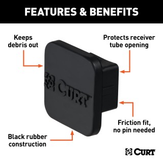 CURT 1-1/4 Inch Rubber Trailer Hitch Receiver Tube Cover CURT rubber trailer hitch cover protecting a 1-1/4 inch receiver from debris