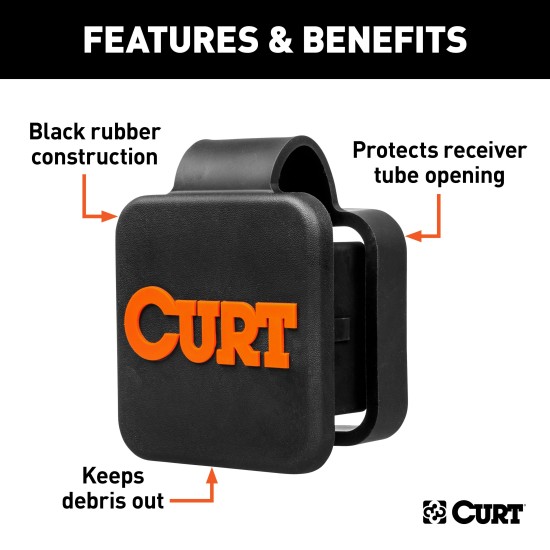 CURT 2x2 Inch Receiver Tube Cover with Orange Logo CURT trailer hitch cover made from black rubber, protects 2-inch receiver tube with orange logo and friction fit design.