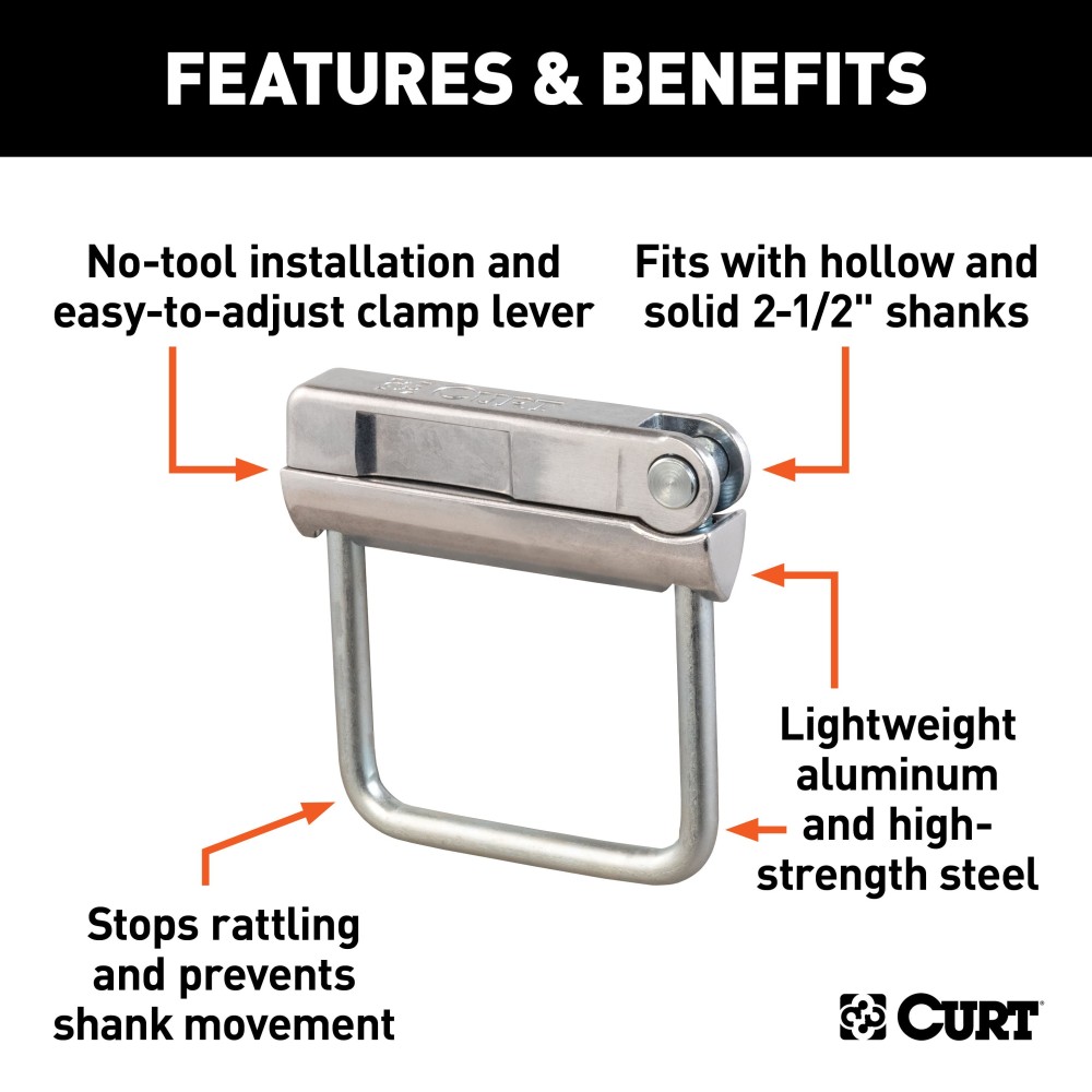 CURT Anti-Rattle Hitch Clamp for 2-1/2 Inch Receiver Hitches CURT anti-rattle hitch clamp for quiet towing, fits 2-1/2 inch receivers with easy clamp installation.