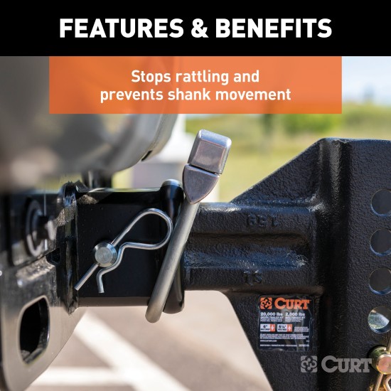 CURT Anti-Rattle Hitch Clamp for 2-1/2 Inch Receiver Hitches CURT anti-rattle hitch clamp for quiet towing, fits 2-1/2 inch receivers with easy clamp installation.