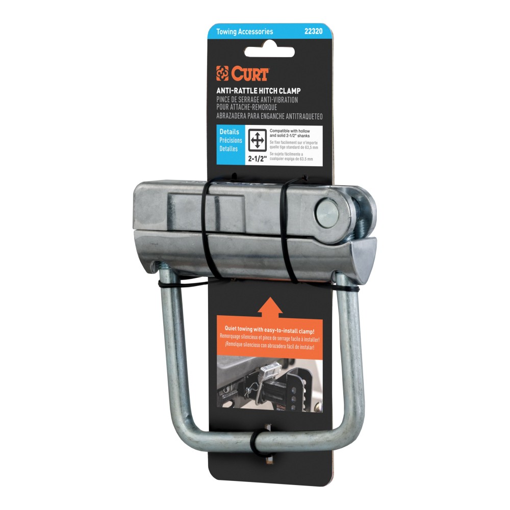 CURT Anti-Rattle Hitch Clamp for 2-1/2 Inch Receiver Hitches CURT anti-rattle hitch clamp for quiet towing, fits 2-1/2 inch receivers with easy clamp installation.