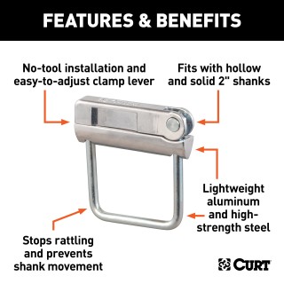 CURT Anti-Rattle Hitch Clamp for 2-Inch Receiver Hitches CURT anti-rattle hitch clamp installed on a 2-inch receiver hitch, preventing noise and vibration