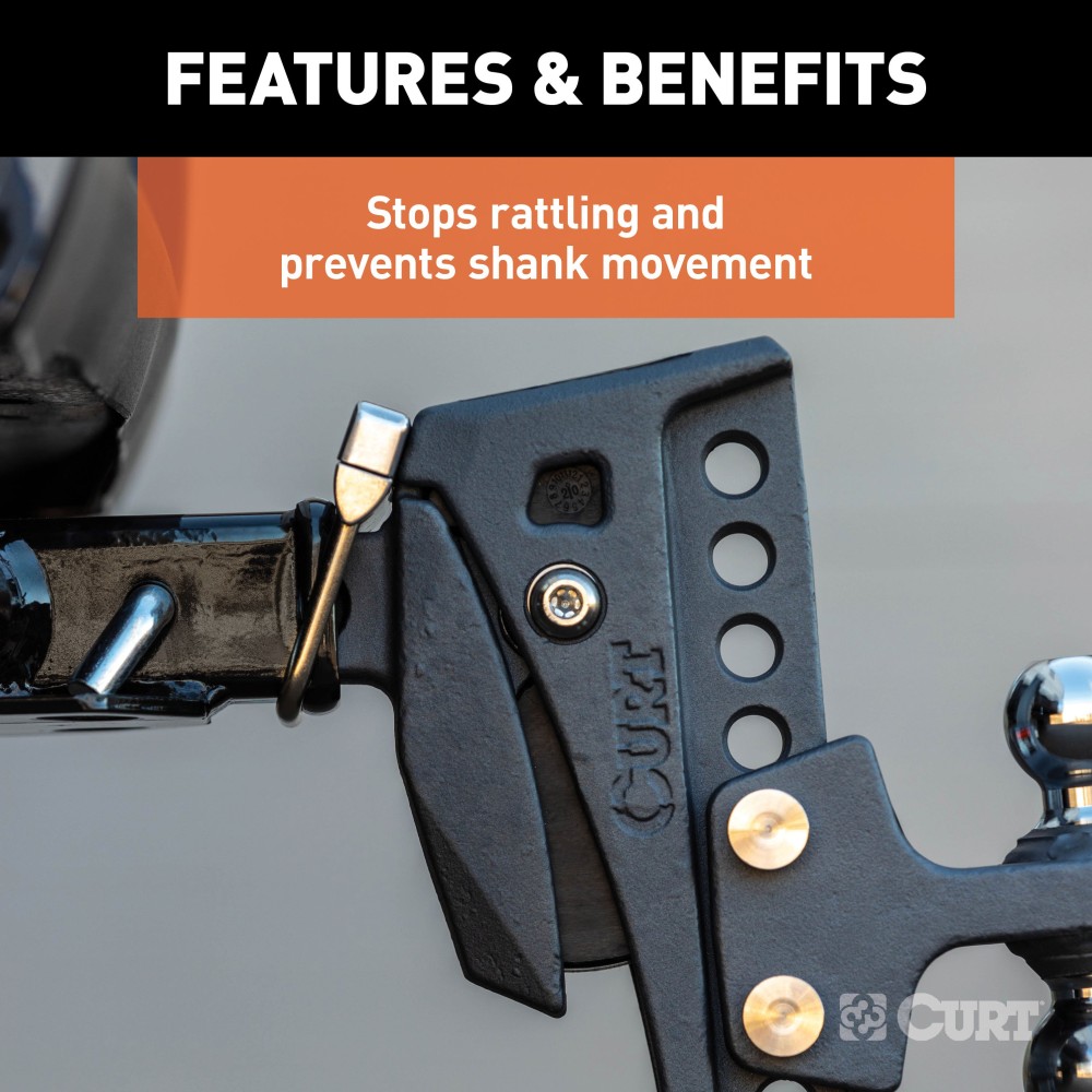CURT Anti-Rattle Hitch Clamp for 2-Inch Receiver Hitches CURT anti-rattle hitch clamp installed on a 2-inch receiver hitch, preventing noise and vibration