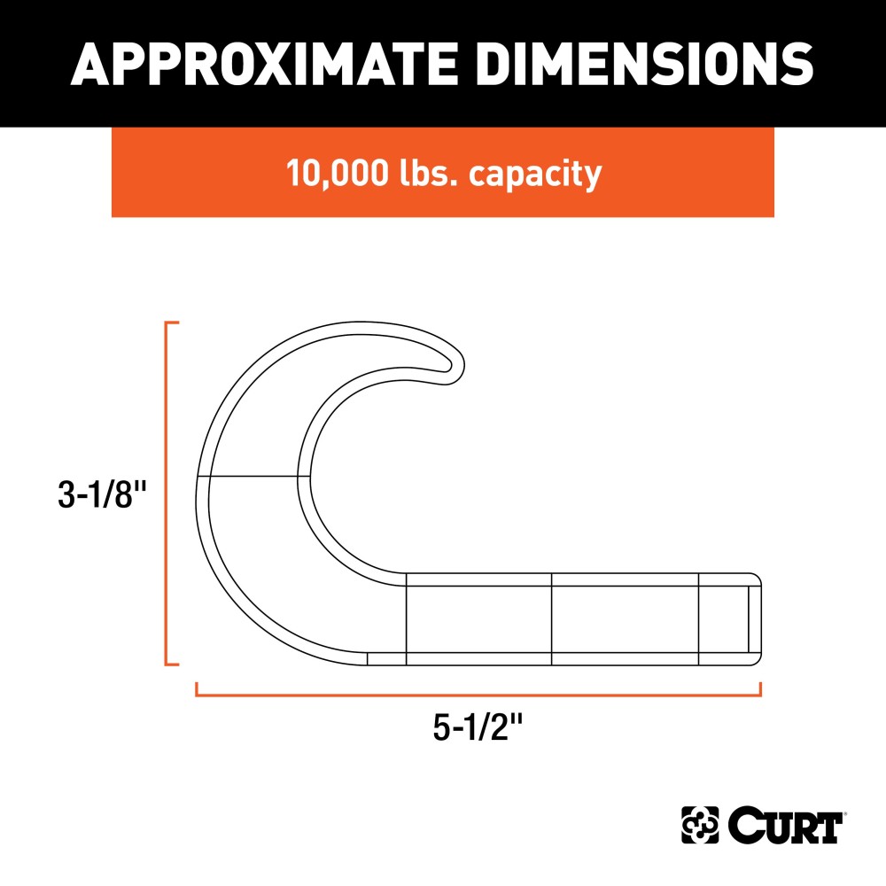 CURT Front Mount Black Forged Steel Tow Hook with 10,000 lbs Capacity CURT front mount tow hook with black finish and 10,000 lbs capacity for pickups and SUVs