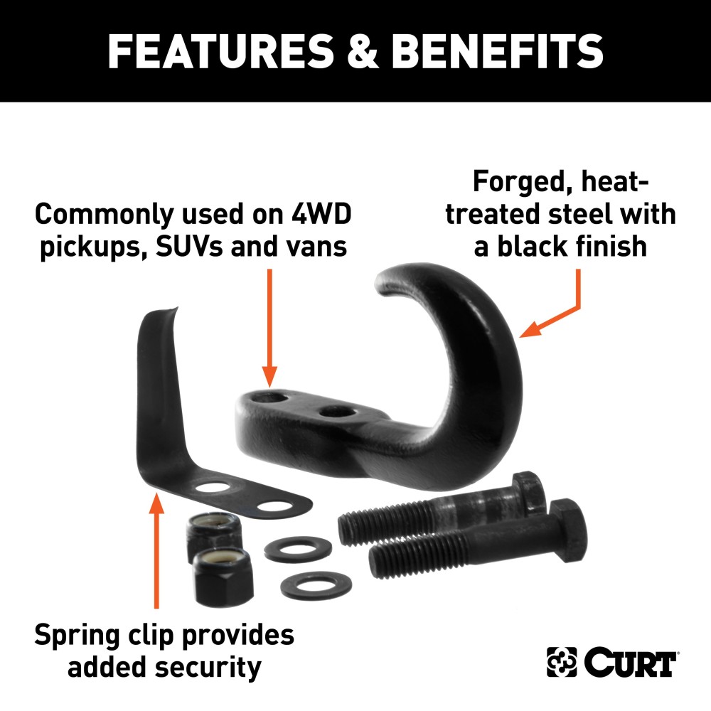 CURT Front Mount Black Forged Steel Tow Hook with 10,000 lbs Capacity CURT front mount tow hook with black finish and 10,000 lbs capacity for pickups and SUVs