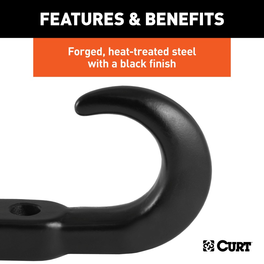 CURT Front Mount Black Forged Steel Tow Hook with 10,000 lbs Capacity CURT front mount tow hook with black finish and 10,000 lbs capacity for pickups and SUVs
