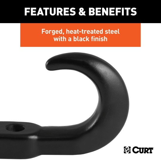 CURT Front Mount Black Forged Steel Tow Hook with 10,000 lbs Capacity CURT front mount tow hook with black finish and 10,000 lbs capacity for pickups and SUVs