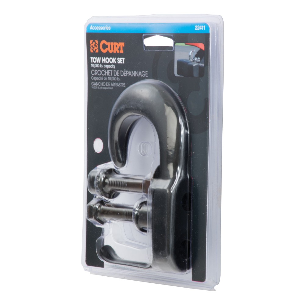 CURT Front Mount Black Forged Steel Tow Hook with 10,000 lbs Capacity CURT front mount tow hook with black finish and 10,000 lbs capacity for pickups and SUVs