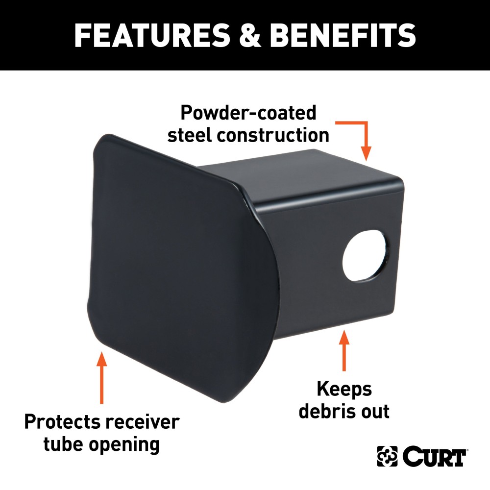 CURT 2x2 Inch Black Steel Receiver Tube Cover for Trailer Hitch CURT 2x2 inch black steel receiver tube cover, protects trailer hitch from dirt and debris