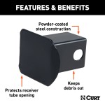 CURT 2x2 Inch Black Steel Receiver Tube Cover for Trailer Hitch CURT 2x2 inch black steel receiver tube cover, protects trailer hitch from dirt and debris