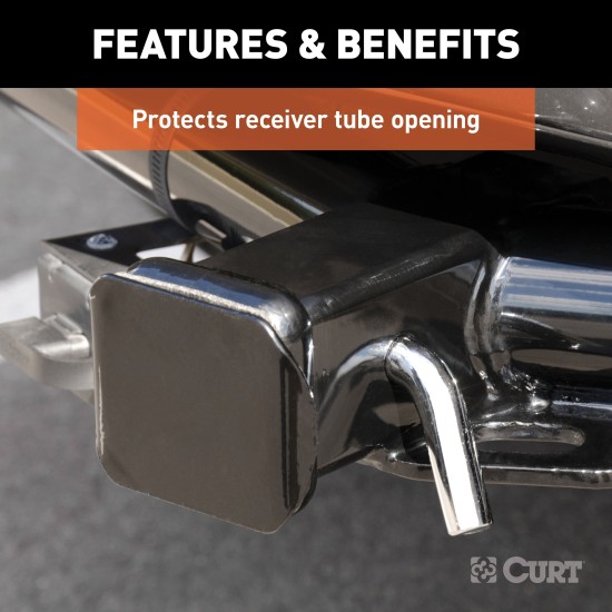 CURT 2x2 Inch Black Steel Receiver Tube Cover for Trailer Hitch CURT 2x2 inch black steel receiver tube cover, protects trailer hitch from dirt and debris