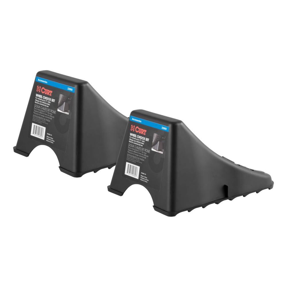 CURT Wheel Chocks for Secure Towing and Vehicle Maintenance CURT wheel chocks with raised tread and saw-tooth edges for secure grip and traction